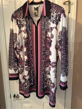 Chico's Pink and Navy Paisley Longline Shirt Jacket